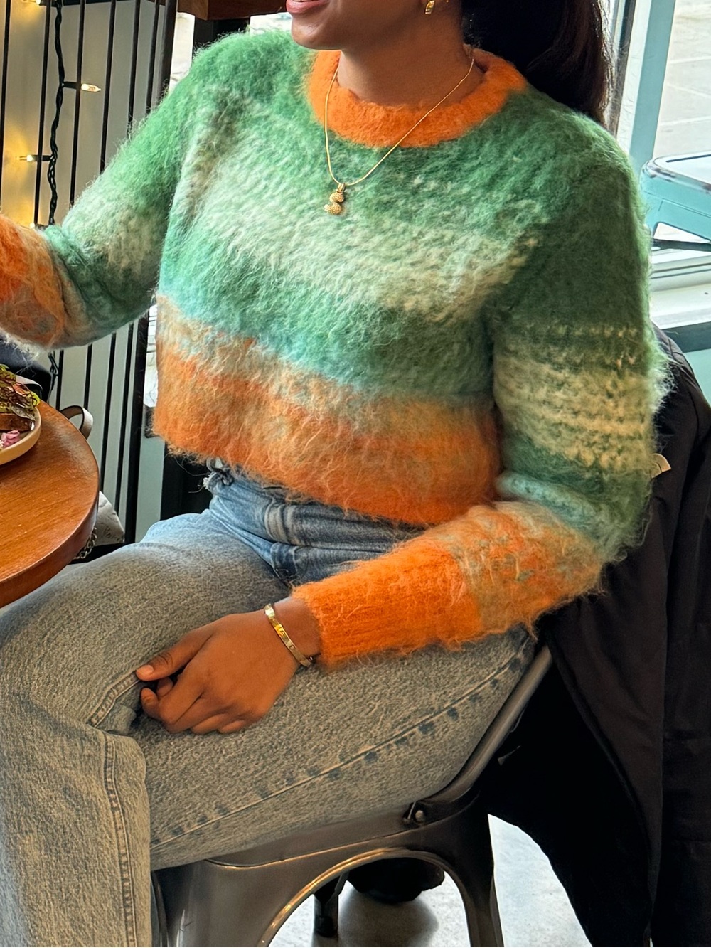 Zara Fuzzy Cropped Stripe Sweater in Green & Orange